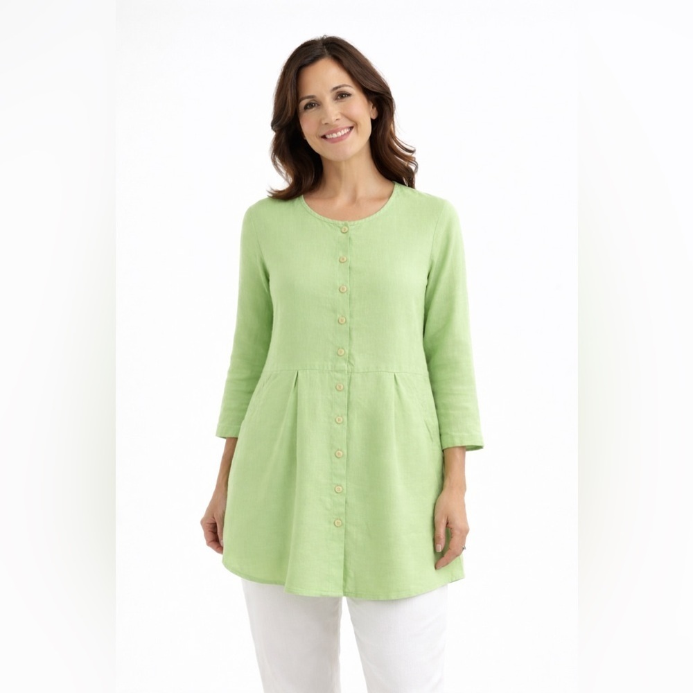 Flax 100% Linen Dress Small Green Button Down Pockets Long Sleeve Tunic Pleated